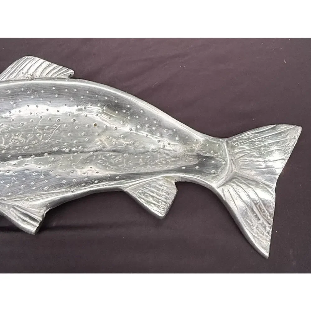 Vintage Cast Aluminum Silver Rainbow Trout Fish Shaped Serving Bowl Platter 21
